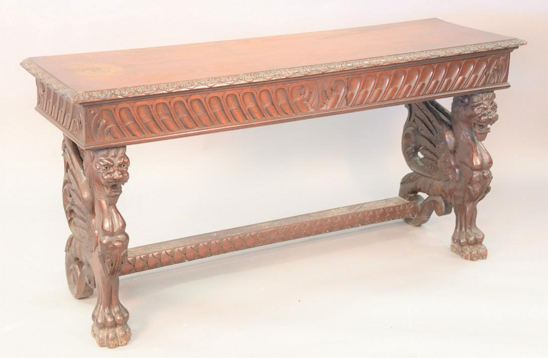 Walnut hall table with winged griffin supports and one (1 of 5)