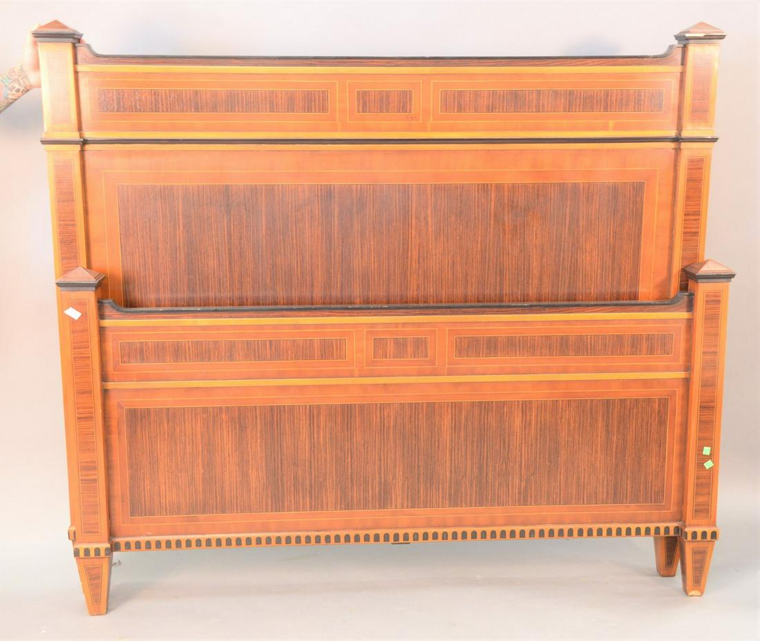 Queen bed with ebonized trim, some veneer damage, one: Queen bed with ebonized trim, some veneer damage, one post top chipped, ht. 60".