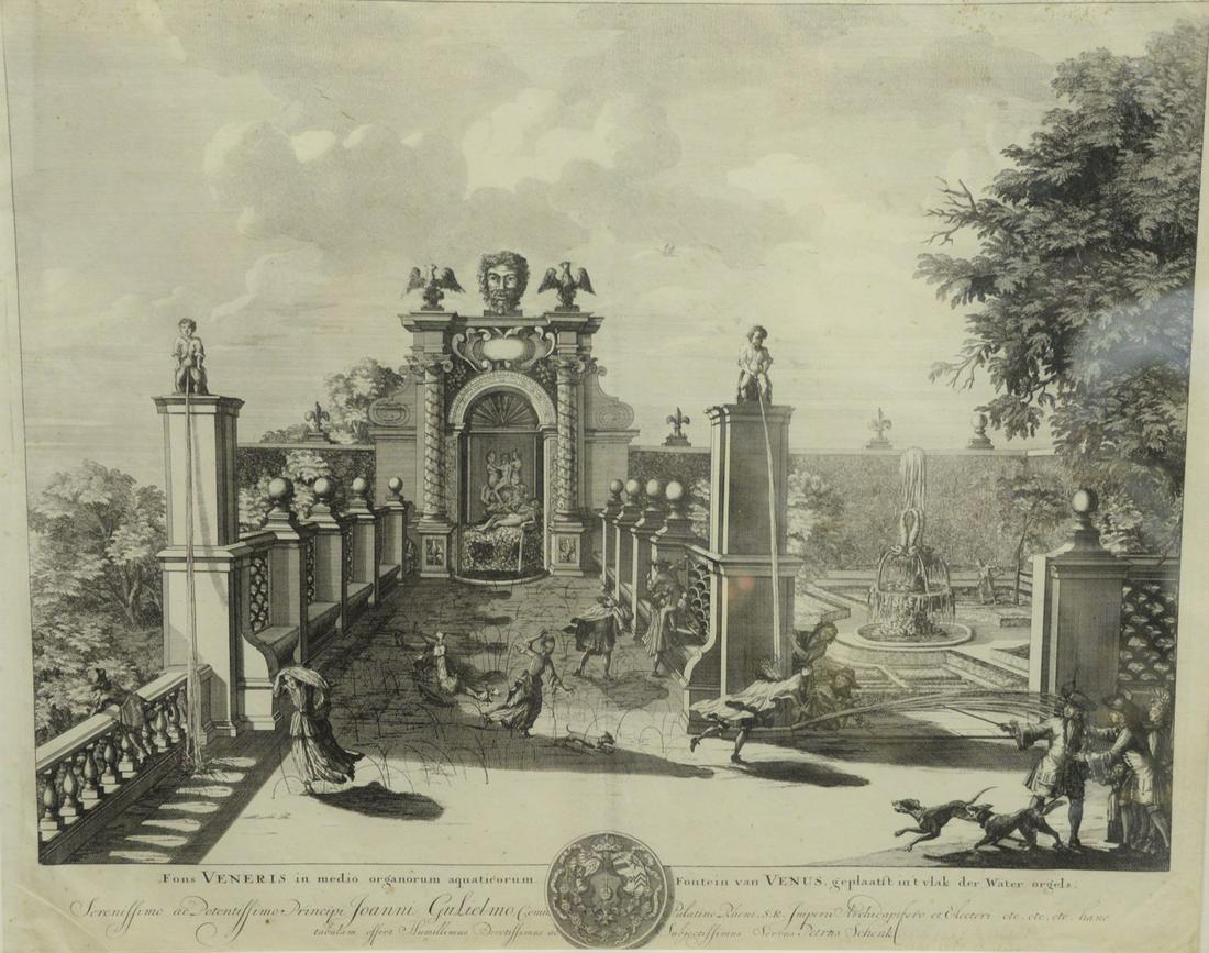 Black and white engraving 'Mons Veneris in Medio: Black and white engraving 'Mons Veneris in Medio Organorum Aquaticorum Fontein Van Venus', sight size 20" x 24 1/2".