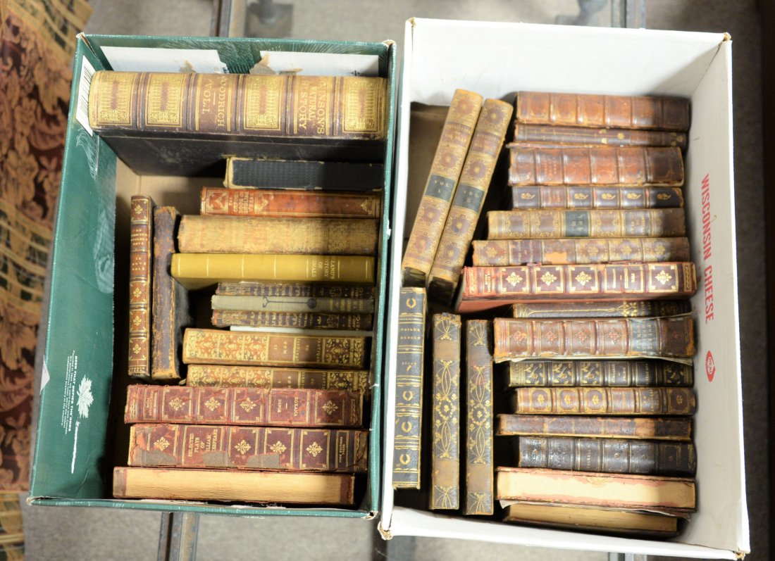 Two boxes of leather bound books to include (1 of 5)