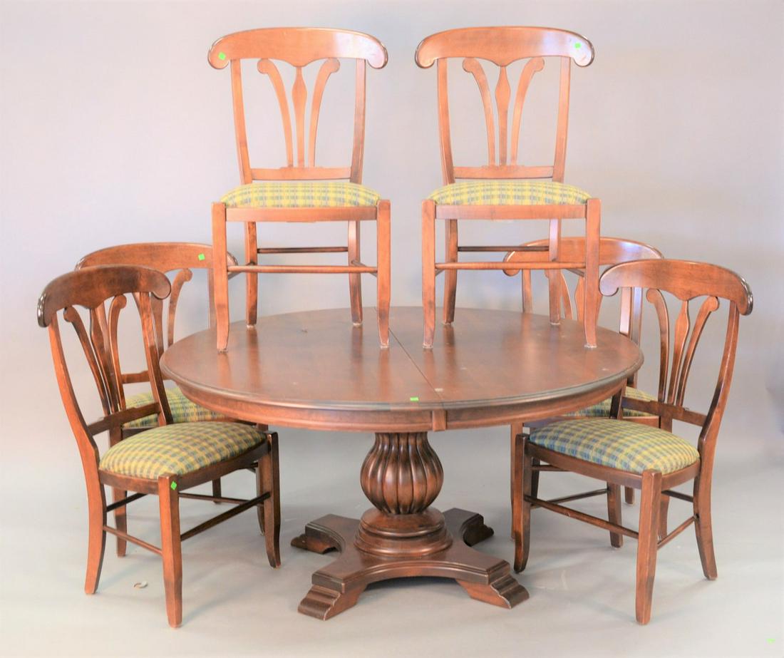 Nicholas and Stone seven piece dining set with round: Nicholas and Stone seven piece dining set with round pedestal table and six chairs, one extra leaf (18"), ht. 30", dia. 60", top: 60" x 72".