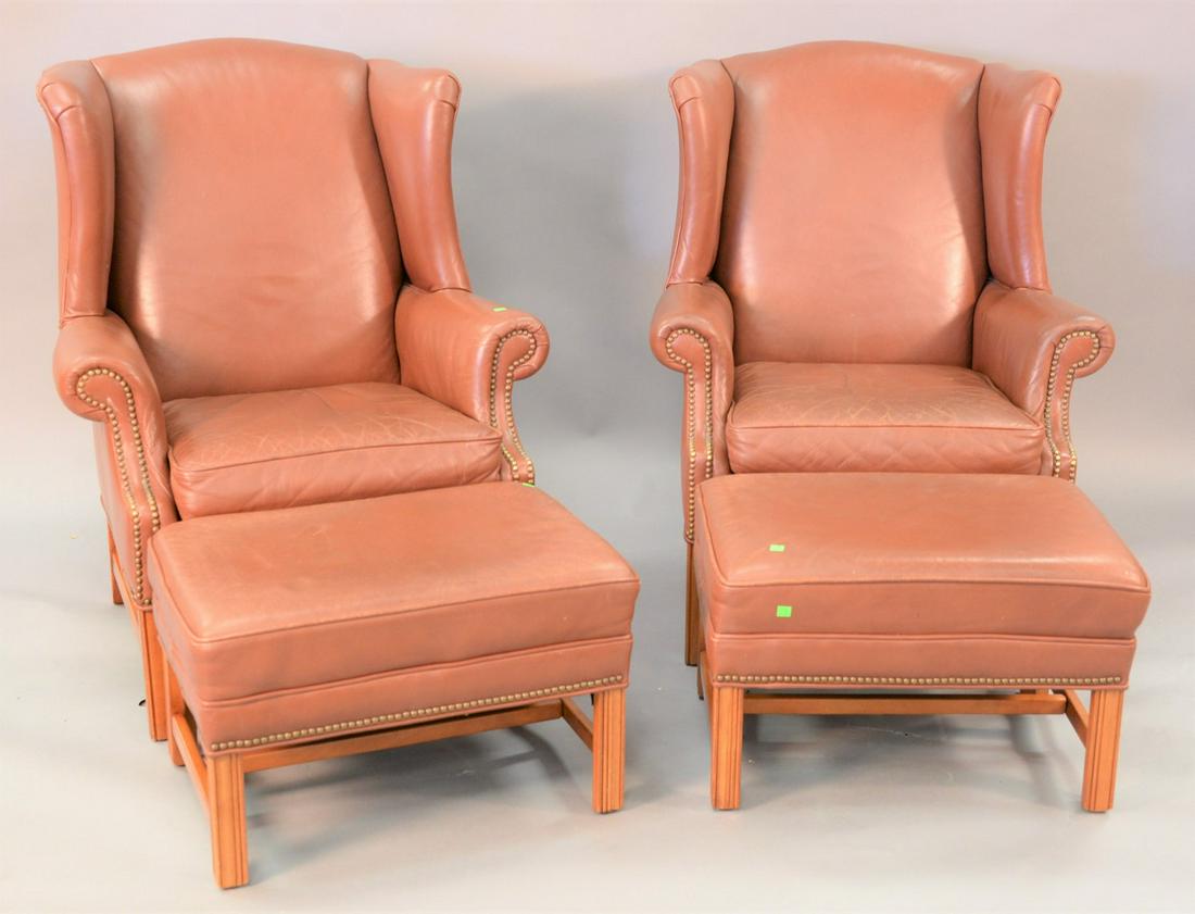 Pair of Ethan Allen leather wing chairs and ottomans (1 of 5)