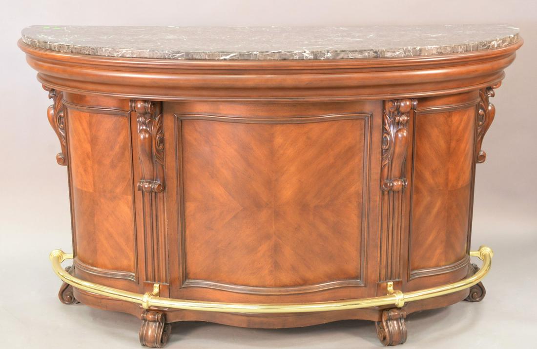 Contemporary mahogany bar with granite veneered top: Contemporary mahogany bar with granite veneered top having brass foot rail and three round barstool, ht. 43", top 25.5" x 72"