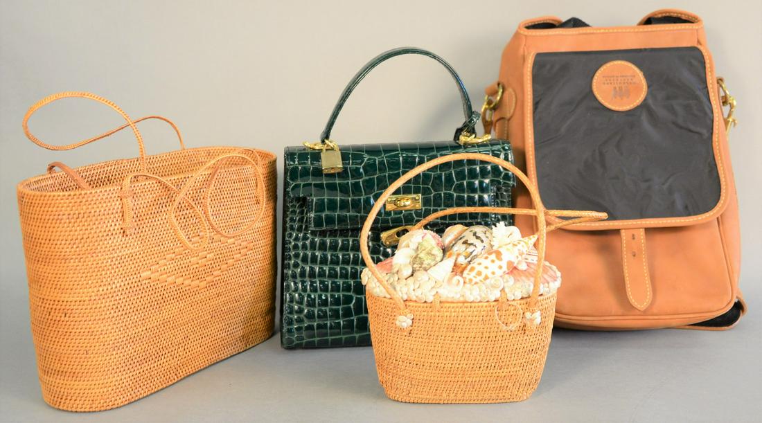 Four piece group to include Tiziana Collections: Four piece group to include Tiziana Collections alligator green purse with dust bag, Robin Grubman purse with mounted shell top, leather Mulholland Brothers insulated wine cooler, and rattan bag.