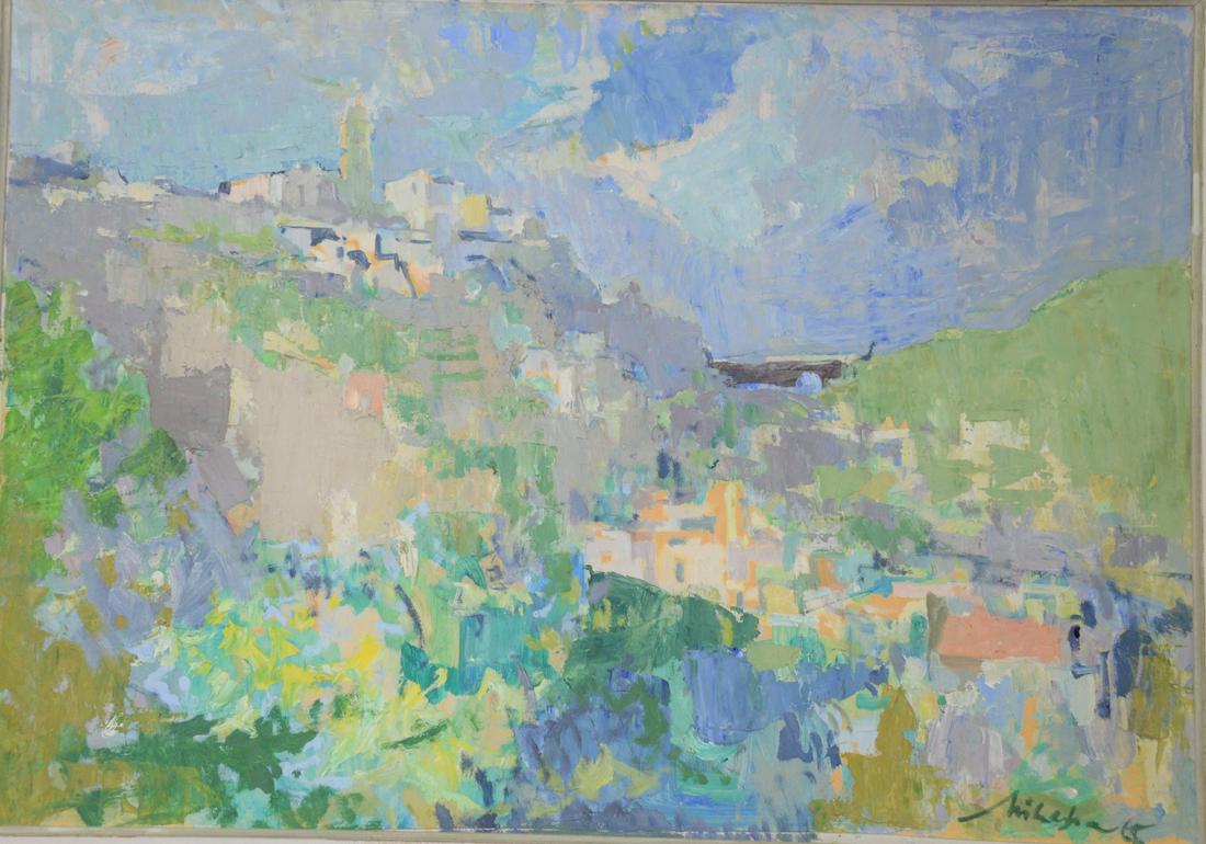 Oil on paper laid on board, mountainous townscape, (1 of 3)