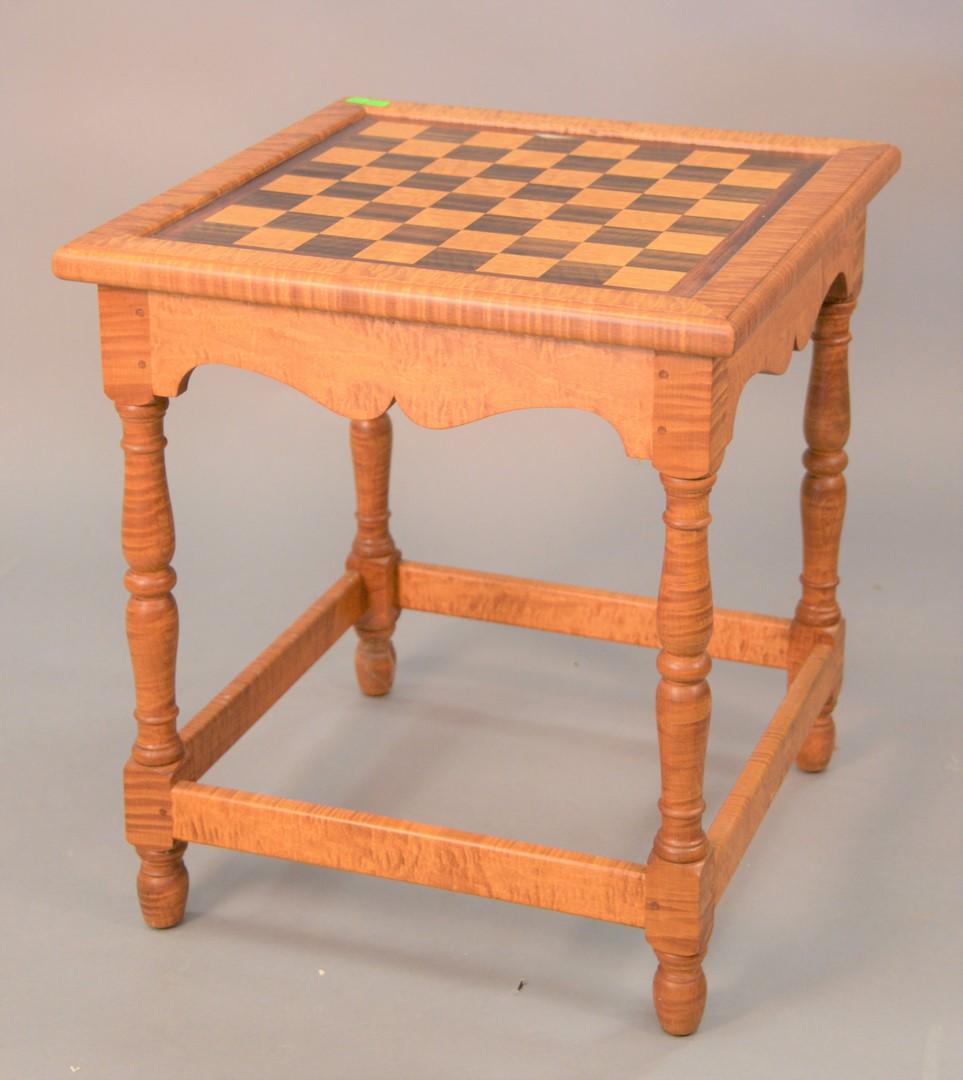 Custom tiger maple table having checkerboard inlaid (1 of 3)