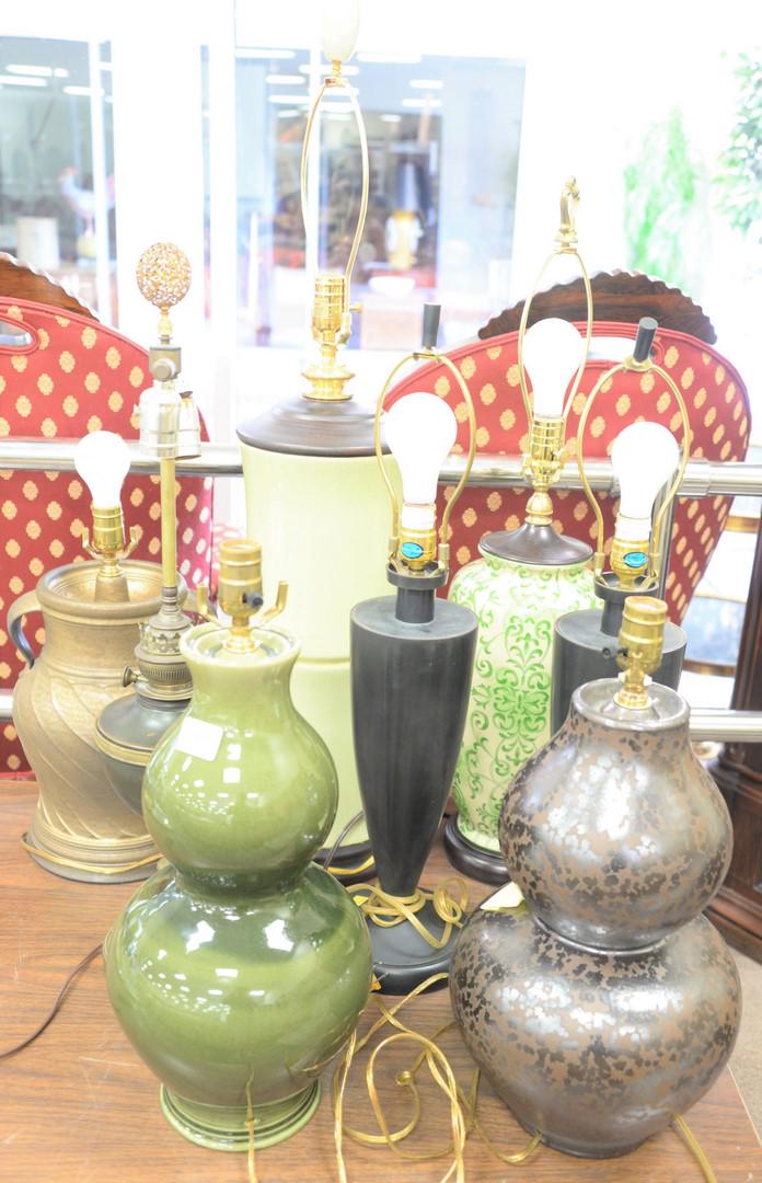 Group of eight table lamps, green glazed bamboo form, (1 of 4)