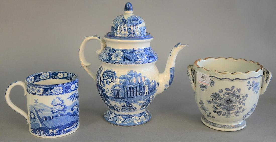 Three early blue and white pieces to include teapot, (1 of 6)
