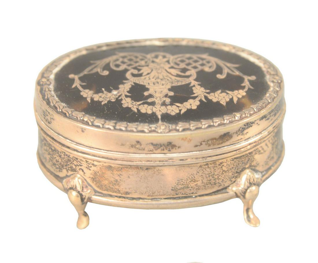 Mappin & Webb English Silver Dresser Box having: Mappin & Webb English Silver Dresser Box having tortoise shell lid with inlaid silver decoration opening to lined interior, leather bottom with silver edge bearing makers mark MW on pad feet. length: