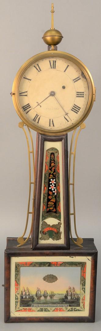 Banjo Clock, mahogany with eglomise panel depicting The: Banjo Clock, mahogany with eglomise panel depicting The Constitutions Escape, weight driven, 19th century, height 33 1/2 inches.