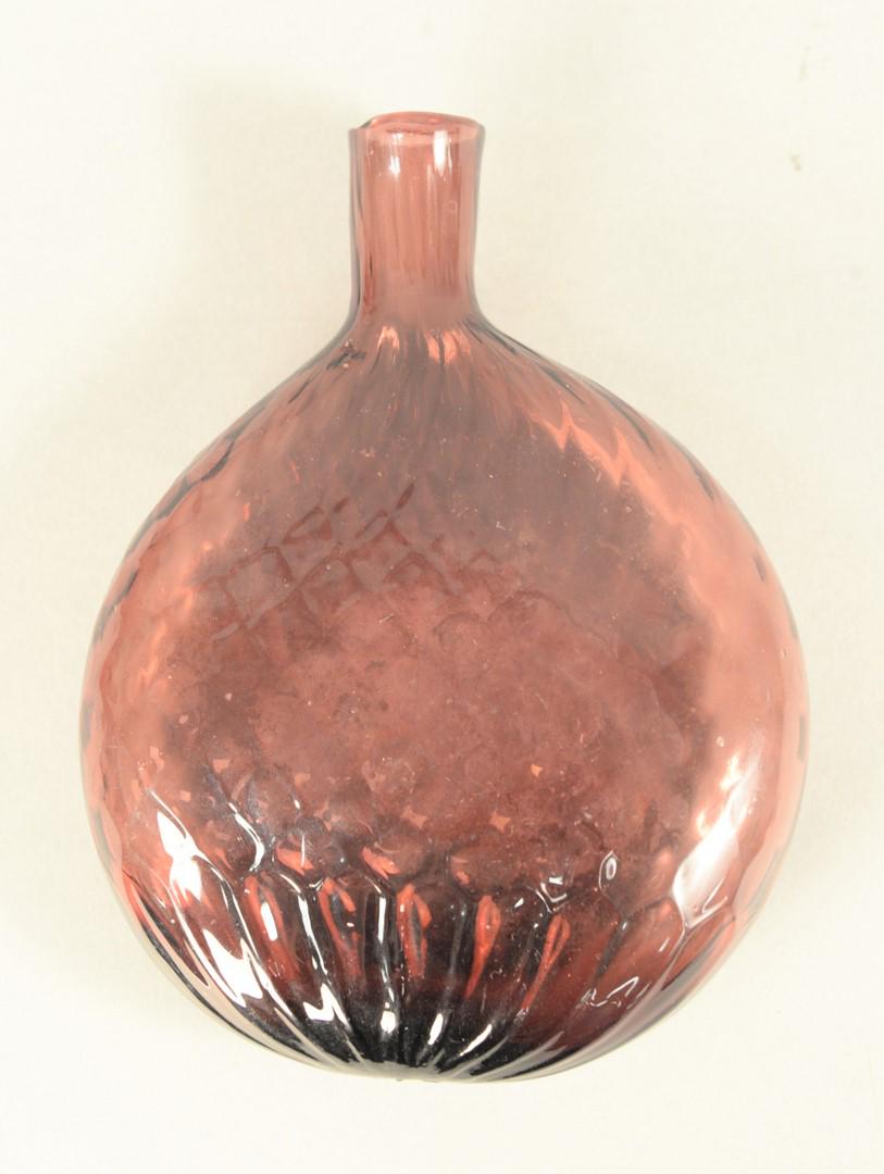 Amethyst Stiegel Glass Flask, diamond molded pattern,: Amethyst Stiegel Glass Flask, diamond molded pattern, flattened circular form.height 6 3/4 inches.