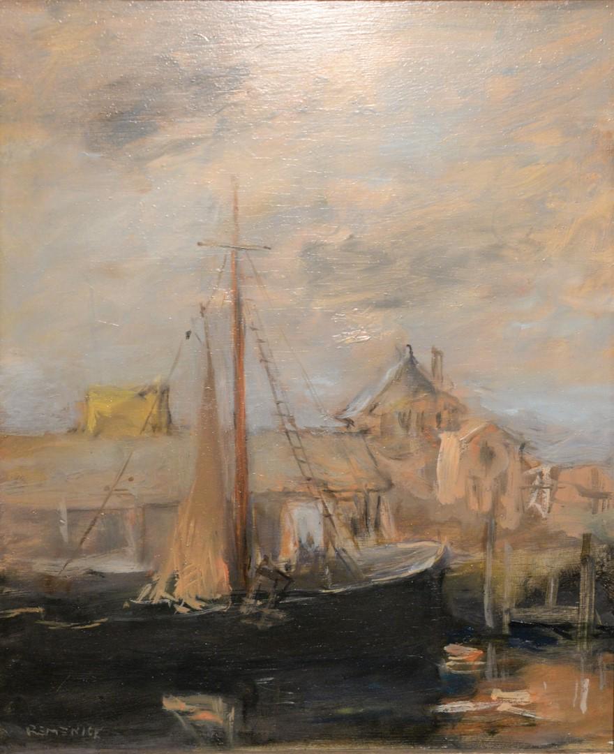 Seymour Remenick (1923 - 1999), sailboat at dock, oil: Seymour Remenick (1923 - 1999), sailboat at dock, oil on board, signed lower left "Remenick".sight size: 11 1/2" x 9 1/2".