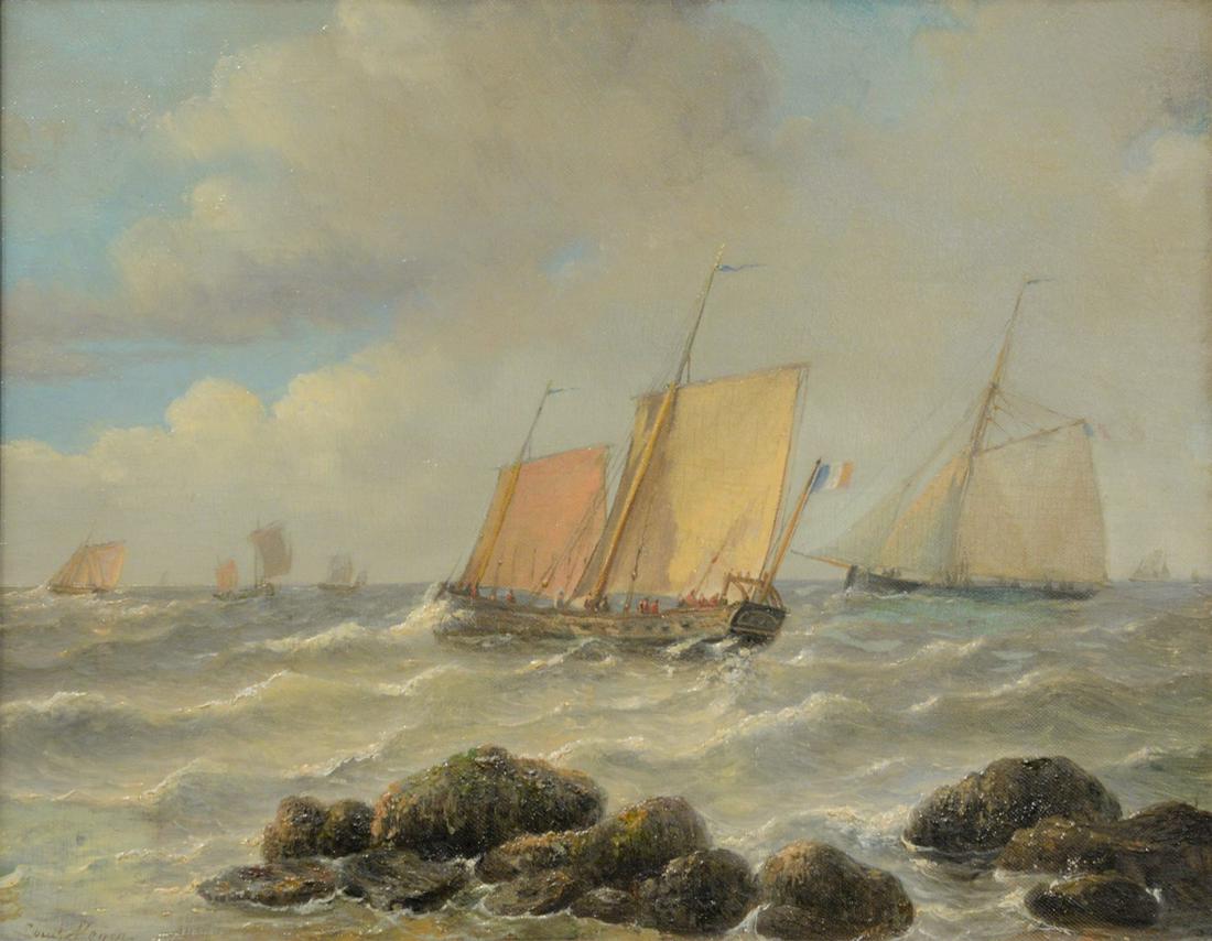 Louis Johan Hendrik Meijer (1809 - 1866), Ships off the: Louis Johan Hendrik Meijer (1809 - 1866), Ships off the Coast, oil on canvas, signed lower left "Meyer", Christies label on verso.12 3/4" x 16".
