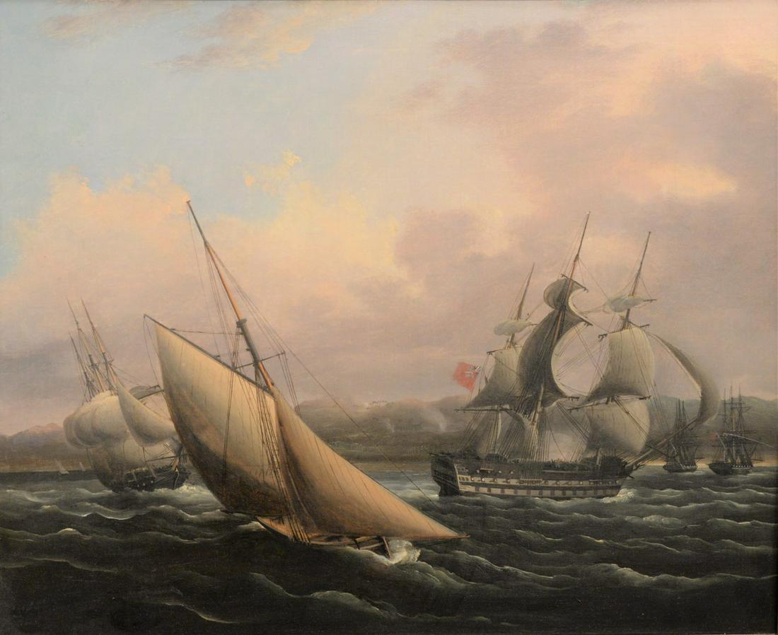 Thomas Buttersworth (1768 - 1842) Marine Scene, central: Thomas Buttersworth (1768 - 1842) Marine Scene, central plaque stating "H.M.S. stately wife other vessels of the Red Squadron off the Bight of Benin, Nigeria, 1812"; oil on canvas, unsigned, attributi