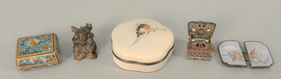Five Chinese or Japanese Pieces to include early brass: Five Chinese or Japanese Pieces to include early brass champleve box; grey enameled box with pheasant, repaired, baring Namikawa Sōsuke; grey enameled belt buckle with flying dragon; enameled cha