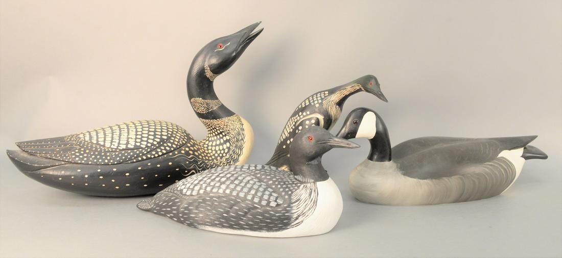 Four Carved Decoys, two decorative Loons, a Chet: Four Carved Decoys, two decorative Loons, a Chet Reneson with original paint; Canadian Goose hollow carved raised V tail wing signed and dated 11/23/90 "Best Wishes to the Tookers, Chet Reneson", and
