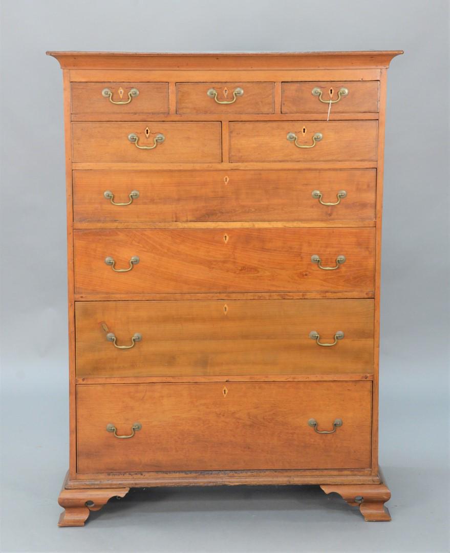 Chippendale Cherry Tall Chest, having large cornice: Chippendale Cherry Tall Chest, having large cornice molding over three short drawers over two short drawers over four drawers all set on ogee feet, Pennsylvania circa 1770.height 63 inches, width 41 1