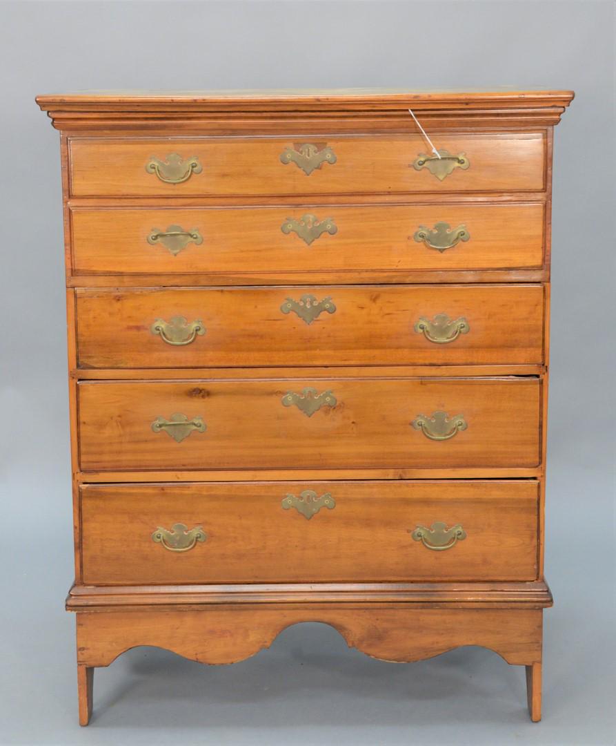 Lift Top Blanket Chest with two false drawers over: Lift Top Blanket Chest with two false drawers over three drawers having swooping front apron, boot jack ends and snipe hinges (refinished).height 48 1/2 inches, width 36 inches.