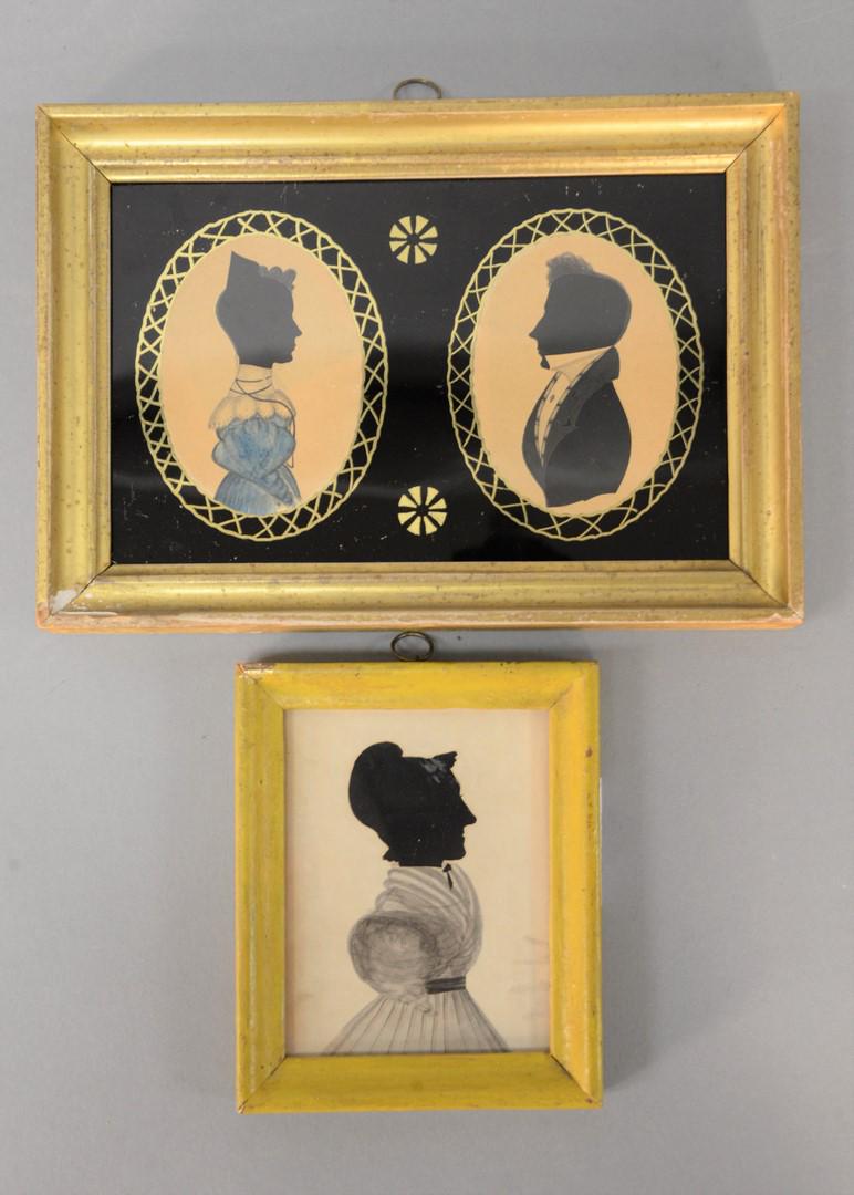 Three Silhouette Portraits to include silhouette and: Three Silhouette Portraits to include silhouette and watercolor portrait of a lady in grey dress, marked on verso "Phoebe Backlee Holmes Gardner, wife of Captain George Washington Gardner", American, 