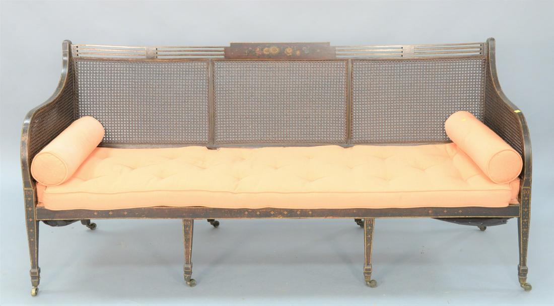 George III Paint Decorated Bench, back with painted: George III Paint Decorated Bench, back with painted flowers, three caned panels and panel sides over custom cushion seat with two bolster pillows, square tapered legs with painted flowers on brass cas