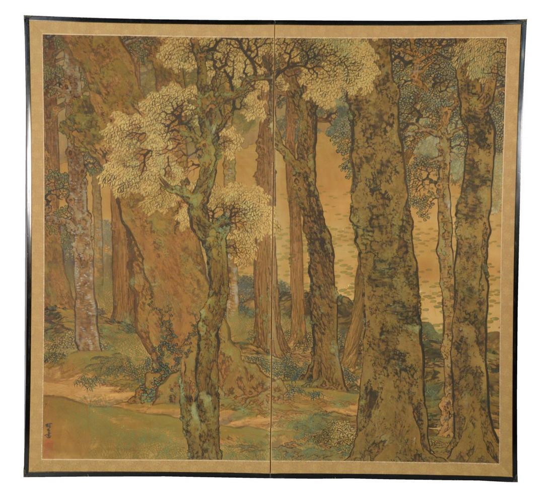 Kakuyu Shoda (1879 - 1947), two part Asian screen: Kakuyu Shoda (1879 - 1947), two part Asian screen "Autumn" grove, watercolor on silk, circa 1900, depicting forest with pond, signed lower left, 'Naga, New York' label verso.height 69 inches, width 74