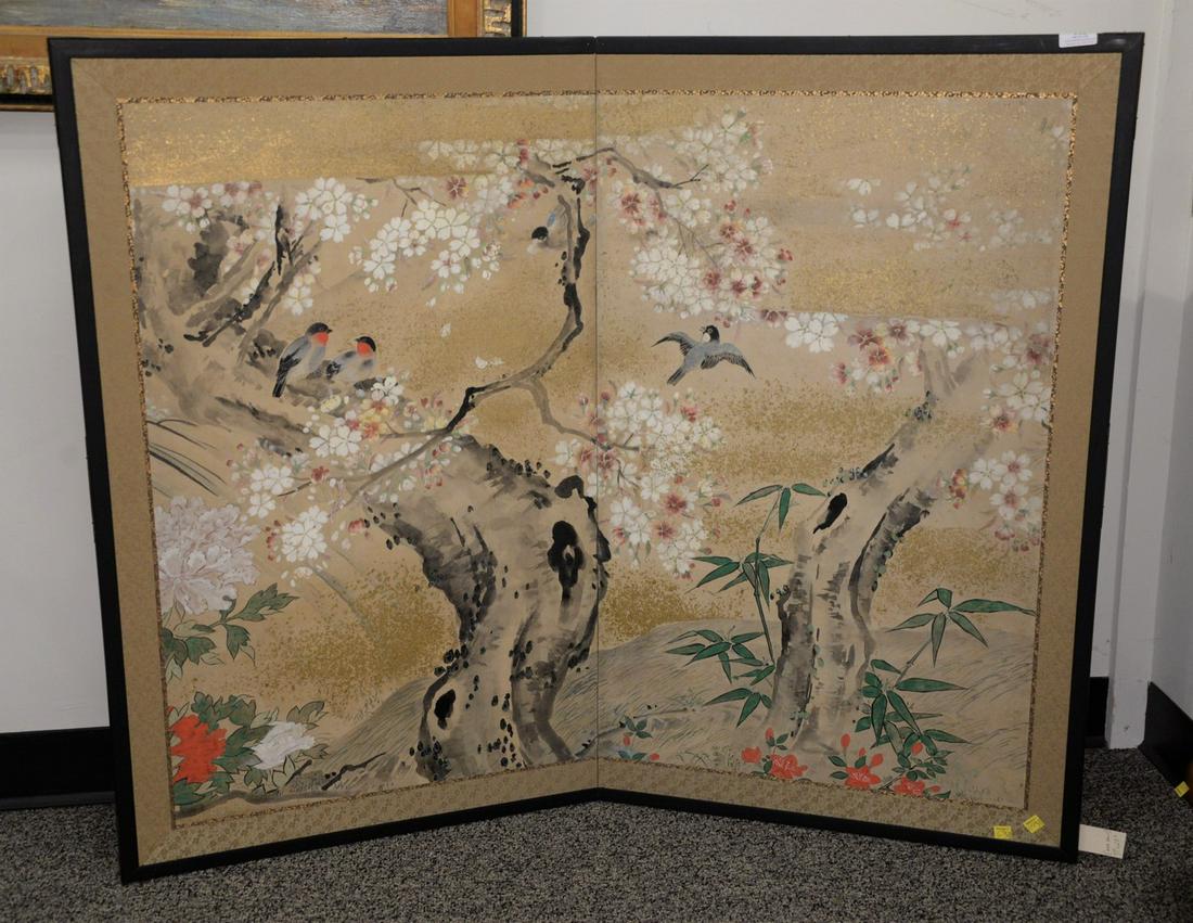 Two-Part Chinese Screen depicting birds and cherry: Two-Part Chinese Screen depicting birds and cherry flowers with silk border, pigments on mulberry paper with gold dust, Naga, New York label on verso.height 38 1/2 inches, width 48 inches. Provenance: