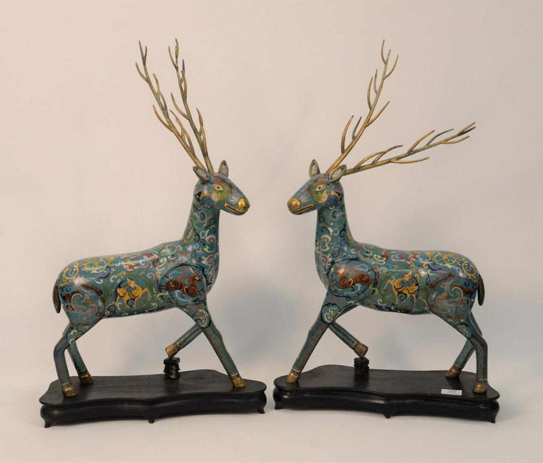 Pair of Large Cloisonne Figure of a Deer or Stag, each: Pair of Large Cloisonne Figure of a Deer or Stag, each having detachable brass antlers mounted on cloisonne decorated body standing on carved wooden bases, Mc Millen receipt Greenwich, Connecticut.hei