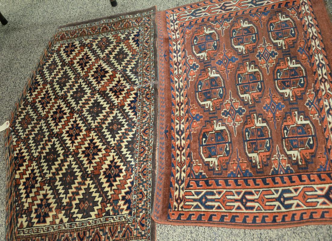 Two Bokara Pieces to include one bagface, 2' 1" x 4' 6";: Two Bokara Pieces to include one bagface, 2' 1" x 4' 6"; one throw rug, 2' 4" x 3' 4".