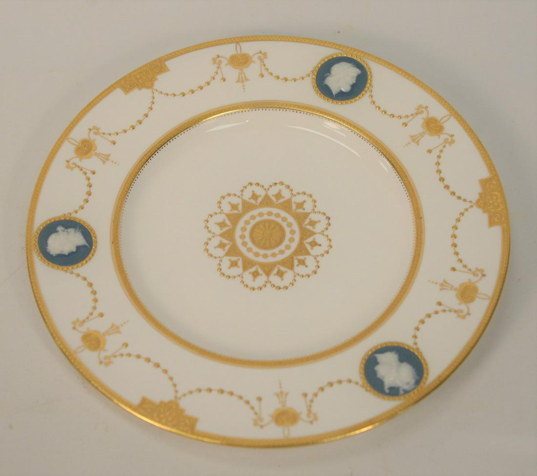 Fifteen Minton Pate-Sur-Pate Porcelain Group to include: Fifteen Minton Pate-Sur-Pate Porcelain Group to include fourteen dinner plates by Albion Birks, each having raised gilt classical drape design and blue medallions decorated with white slip, classical 
