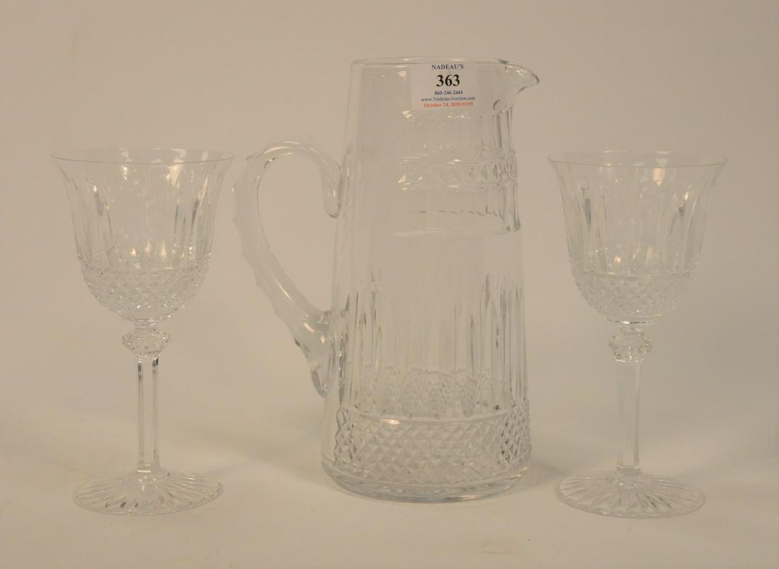 Seven Louis "Tommy" Stemmed Water Goblets/Large Wines,: Seven Louis "Tommy" Stemmed Water Goblets/Large Wines, along with a water pitcher, all marked St. Louis Crystal France on bottom. glasses height 7 3/4 inches, pitcher height 9 3/4 inches.