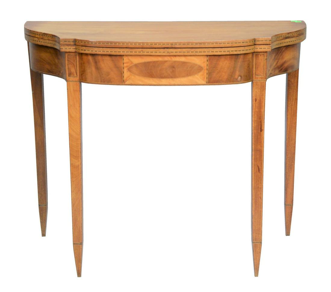 Federal Mahogany Games Table having D-shaped top over: Federal Mahogany Games Table having D-shaped top over conforming frieze with oval panel inlay all set on square tapered legs with double tapered feet, signed in chalk inside back, one rear leg spliced