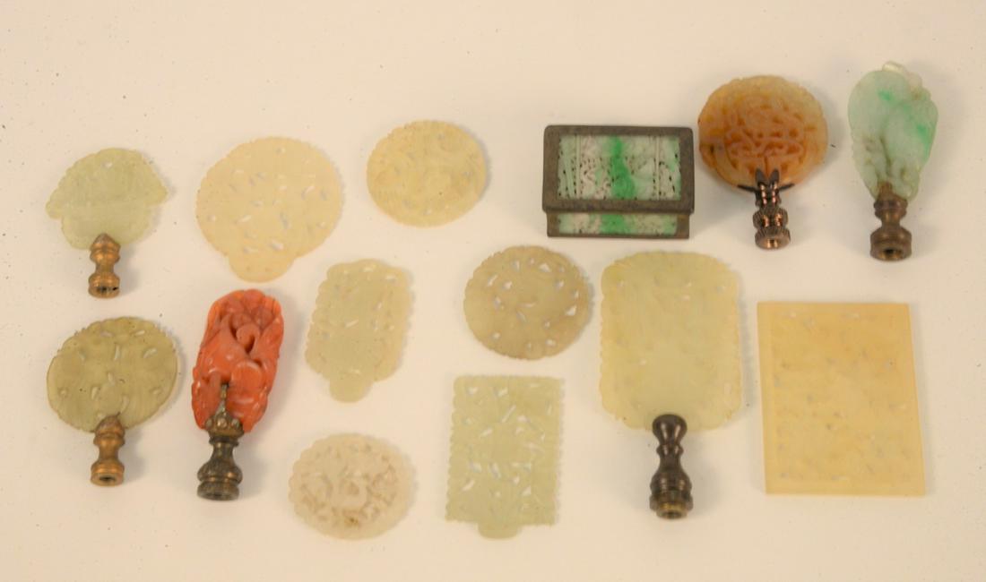 Group of Chinese Hardstone to include seven plaques,: Group of Chinese Hardstone to include seven plaques, Jadeite box and finial along with two hardstone finials.largest 3" x 2 1/4". Provenance: A Scarsdale, New York Estate