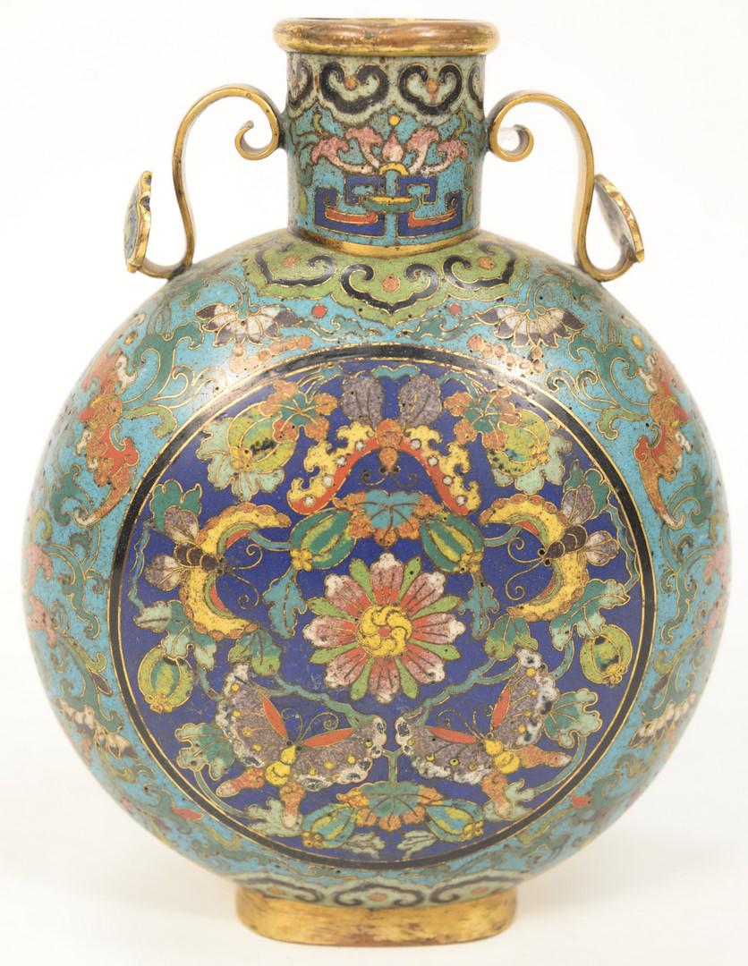 Chinese Cloisonne Moon Flask Vase having two scepter: Chinese Cloisonne Moon Flask Vase having two scepter handles with enameled flowers and butterflies.height 9 inches.