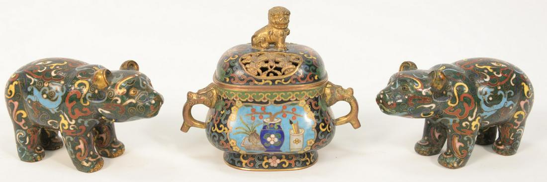 Three Piece Cloisonne Lot to include censer having: Three Piece Cloisonne Lot to include censer having reticulated cover with foo dog finial and foo lion head handles, height 4 1/2 inches along with a pair of cloisonne standing bear figures, height 3 i