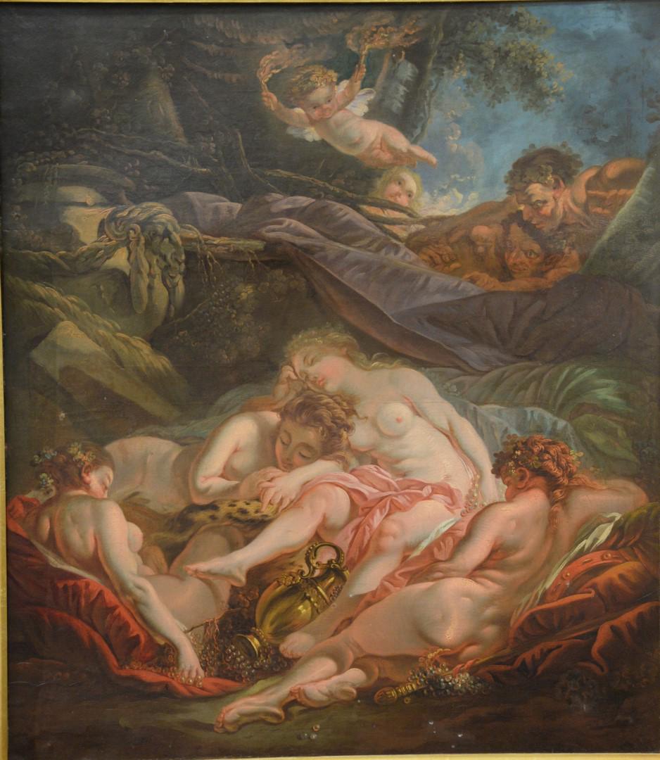 Circle of Francois Boucher, oil on canvas, Pan and: Circle of Francois Boucher, oil on canvas, Pan and Syrinx or Nymph or Nymph and Satyr, 18th century or after, unsigned, (relined) 40" x 35".