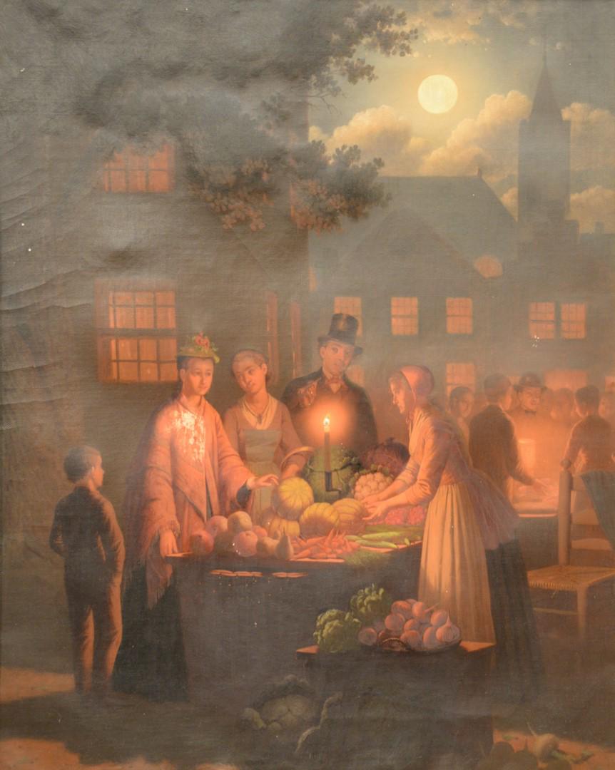 Johann Mongels Culverhouse (1820 - 1891), oil on: Johann Mongels Culverhouse (1820 - 1891), oil on canvas, candlelit market scene at night, signed lower left J. M. Culverhouse, 20 1/4" x 16". Provenance: From the Lance & Irma Keller Collection, Bloom