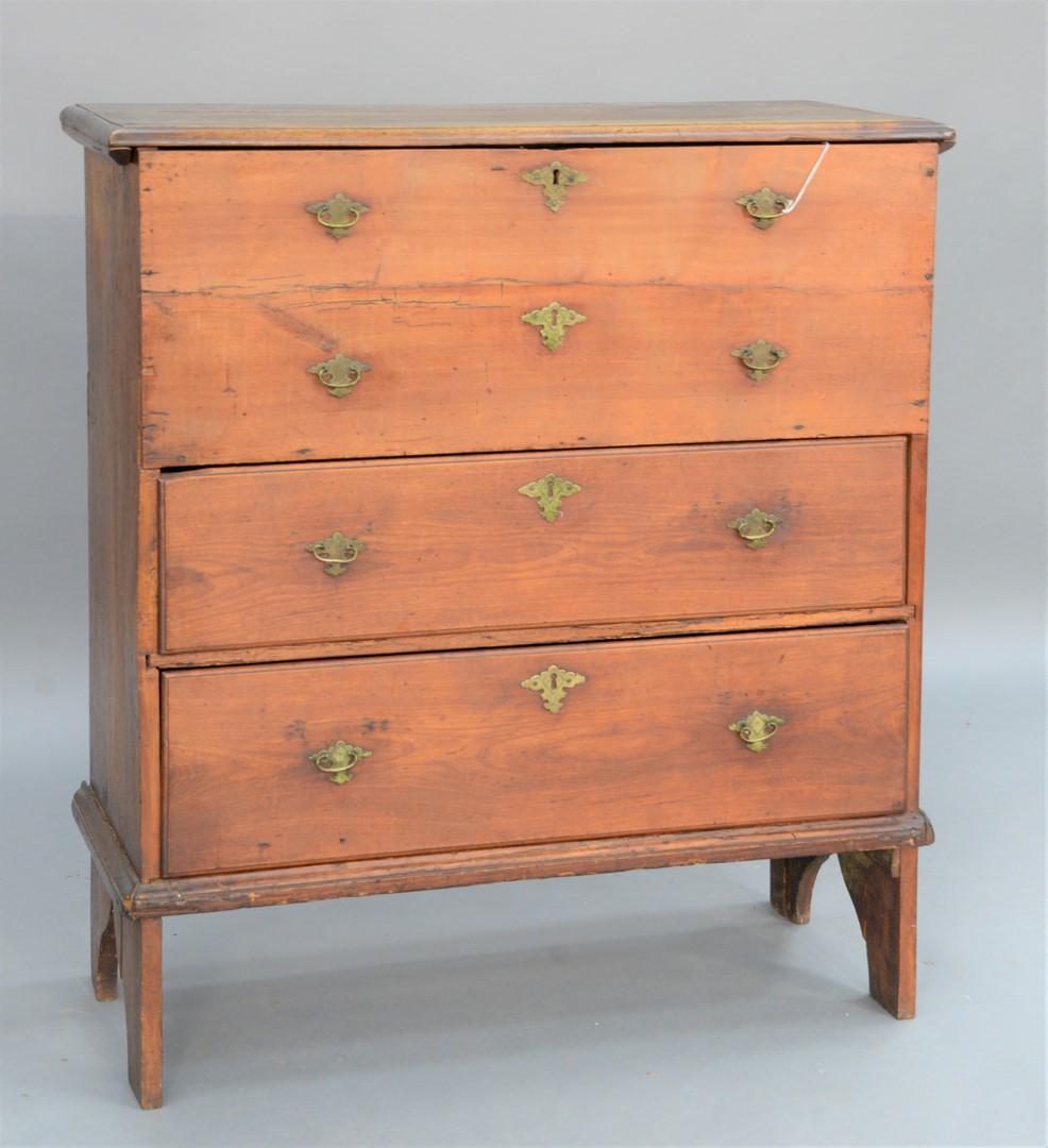 Lift Top Blanket Chest with two false drawers over two: Lift Top Blanket Chest with two false drawers over two drawers on boot jack ends with original snipe hinges and brasses, Connecticut circa 1750.height 42 inches, width 36 inches.Provenance: The Vincen