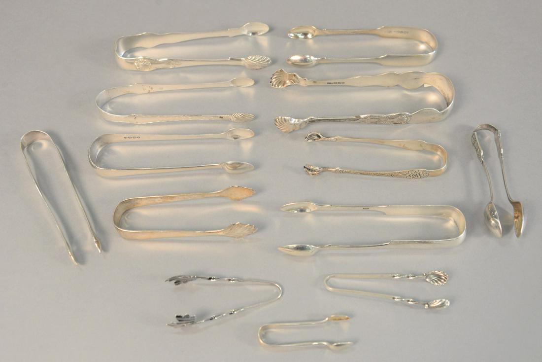 Large group of silver tongs, American and English, one: Large group of silver tongs, American and English, one marked for Peter and Ann Bateman, 15.4 t.oz.