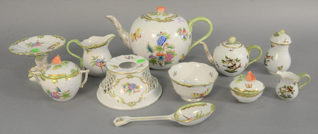 Group of eleven Herend Queen Victoria Green tableware,: Group of eleven Herend Queen Victoria Green tableware, to include a teapot, cream, small covered vessel, covered sugar bowl, and several other pieces, each stamped to the underside, 6-1/2" high (teapo