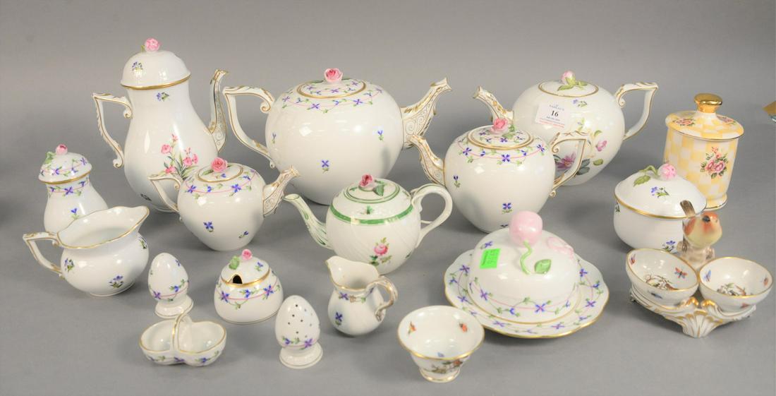 Two trays of various Herend tableware, patterns include: Two trays of various Herend tableware, patterns include Rothschild Bird, Blue Garland, and two others, each stamped to the underside, 8-1/2" high (coffee pot).