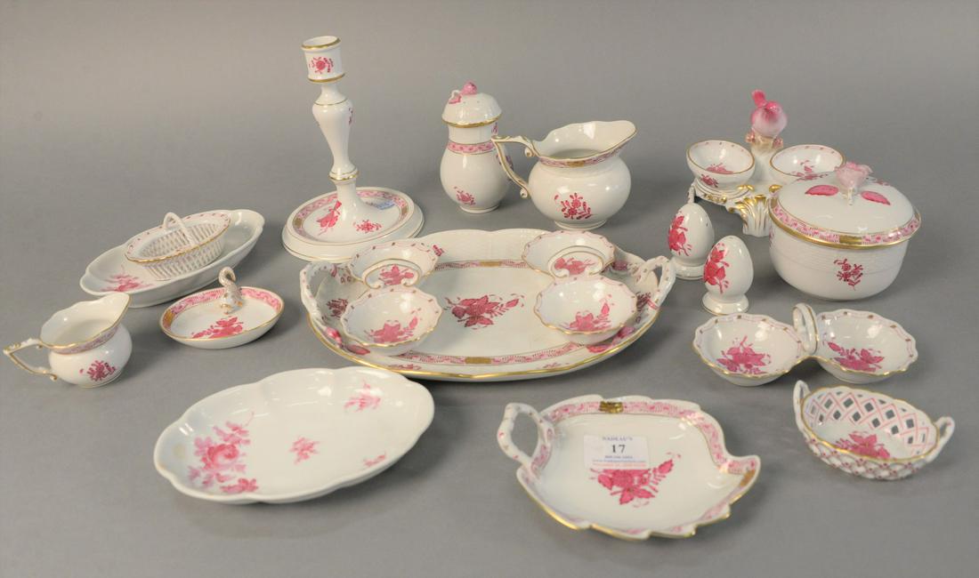 Group of nineteen Herend Chinese Bouquet Raspberry: Group of nineteen Herend Chinese Bouquet Raspberry tableware, to include bird two part dish, candle sticks, tray, salt and peppers, etc, 8" high (candlestick).