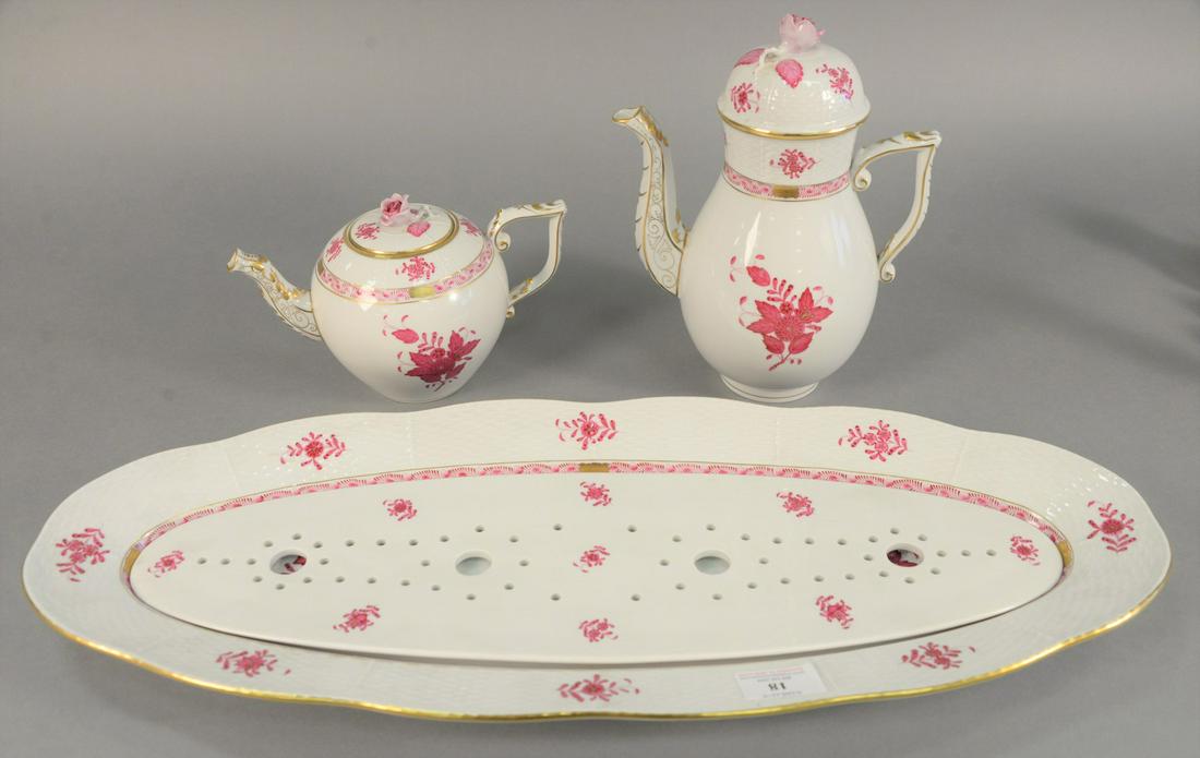 Group of three Herend Chinese Bouquet Raspberry: Group of three Herend Chinese Bouquet Raspberry tableware, including a large serving platter, one demi pot, and one teapot, 10-1/2" high (coffee pot).