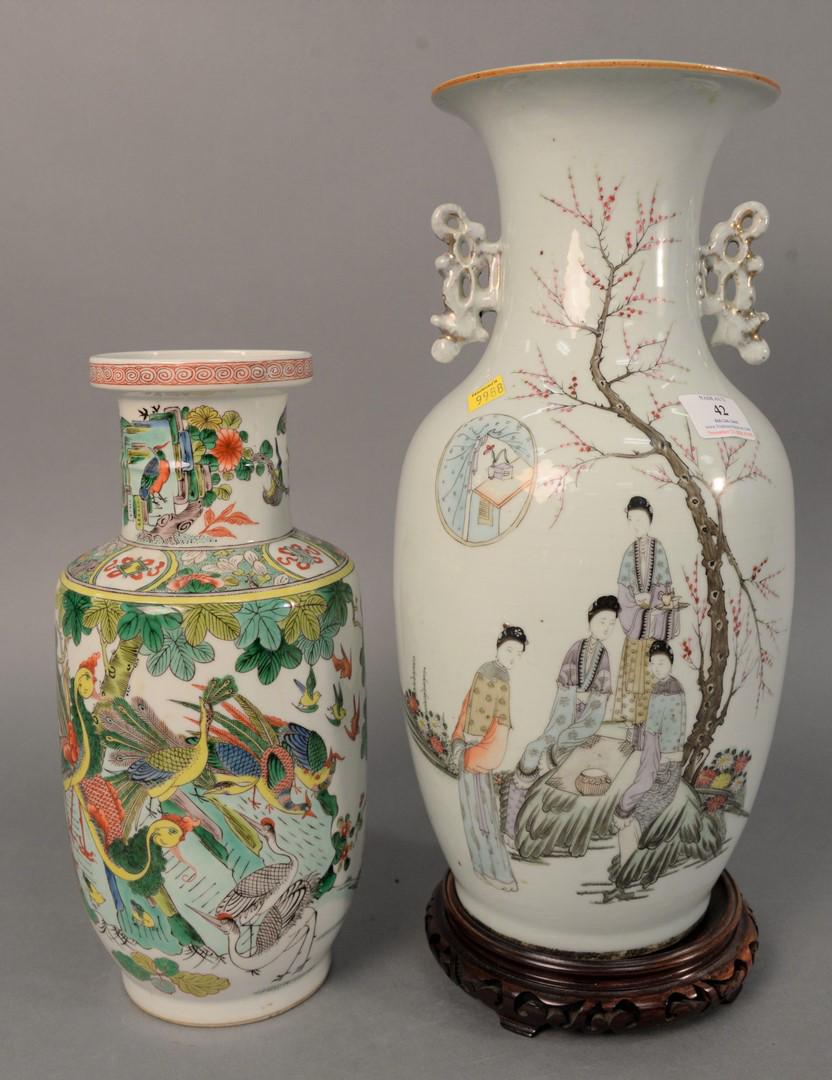 Two Chinese porcelain vases, Famille verte vase with: Two Chinese porcelain vases, Famille verte vase with enamelled phoenix birds along with Baluster vase painted with figures, 17-1/2" high. Provenance: The Estate of Ed Brenner, Short Hills, New Jersey.