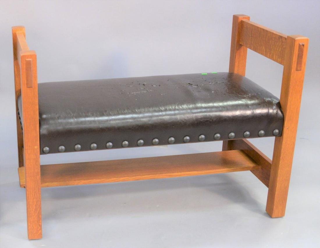 Stickley oak bench,tacked black leather upholstery, 27": Stickley oak bench,tacked black leather upholstery, 27" x 38" x 18".