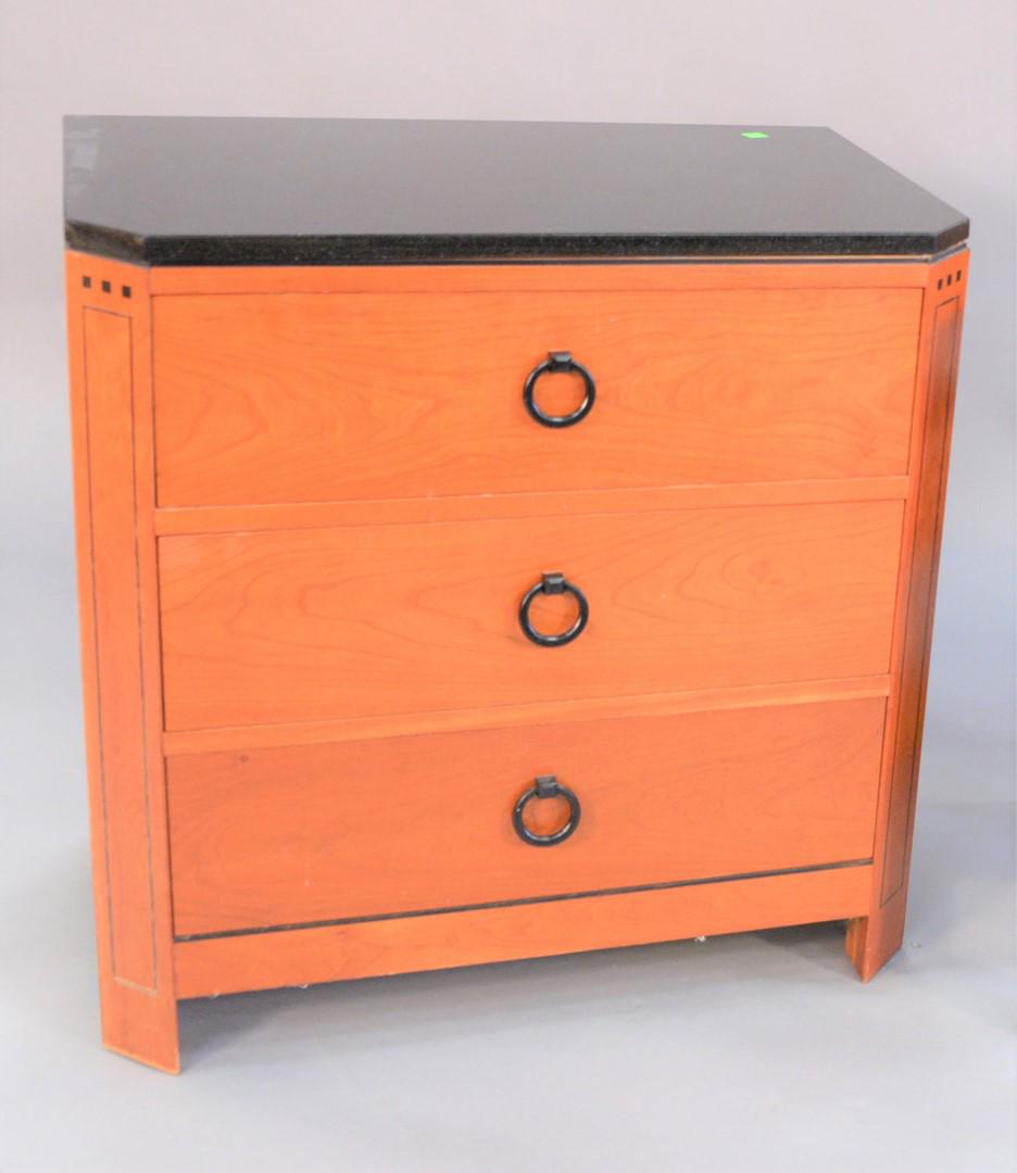 Stickley cherry three drawer stand with black granite: Stickley cherry three drawer stand with black granite top, 28" x 17" x 28".