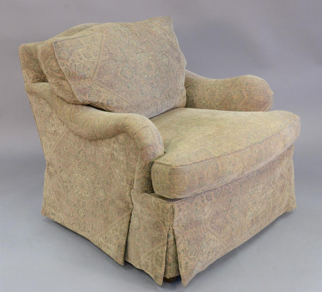 Group of two chairs, one upholstered Stickley armchair: Group of two chairs, one upholstered Stickley armchair and one unmarked side chair with floral green upholstery, ht. 31" x wd. 34" x dp. 36" (largest).