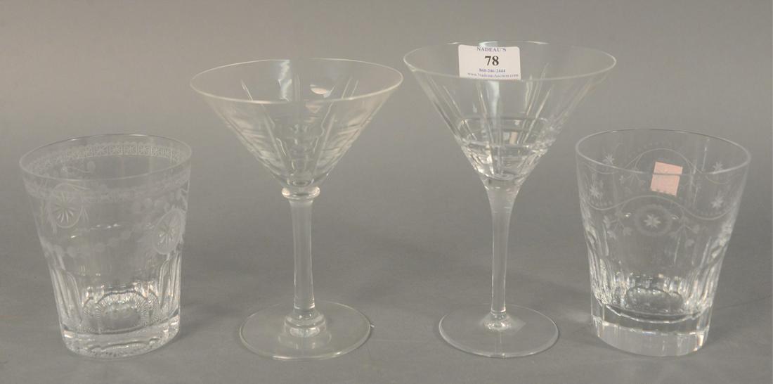 Twelve crystal glasses, William Yeoward flat bottom: Twelve crystal glasses, William Yeoward flat bottom glasses, each marked to the underside, along with four Baccarat martini glasses, and two Christofle martini glasses, 6-1/2" high (martini).