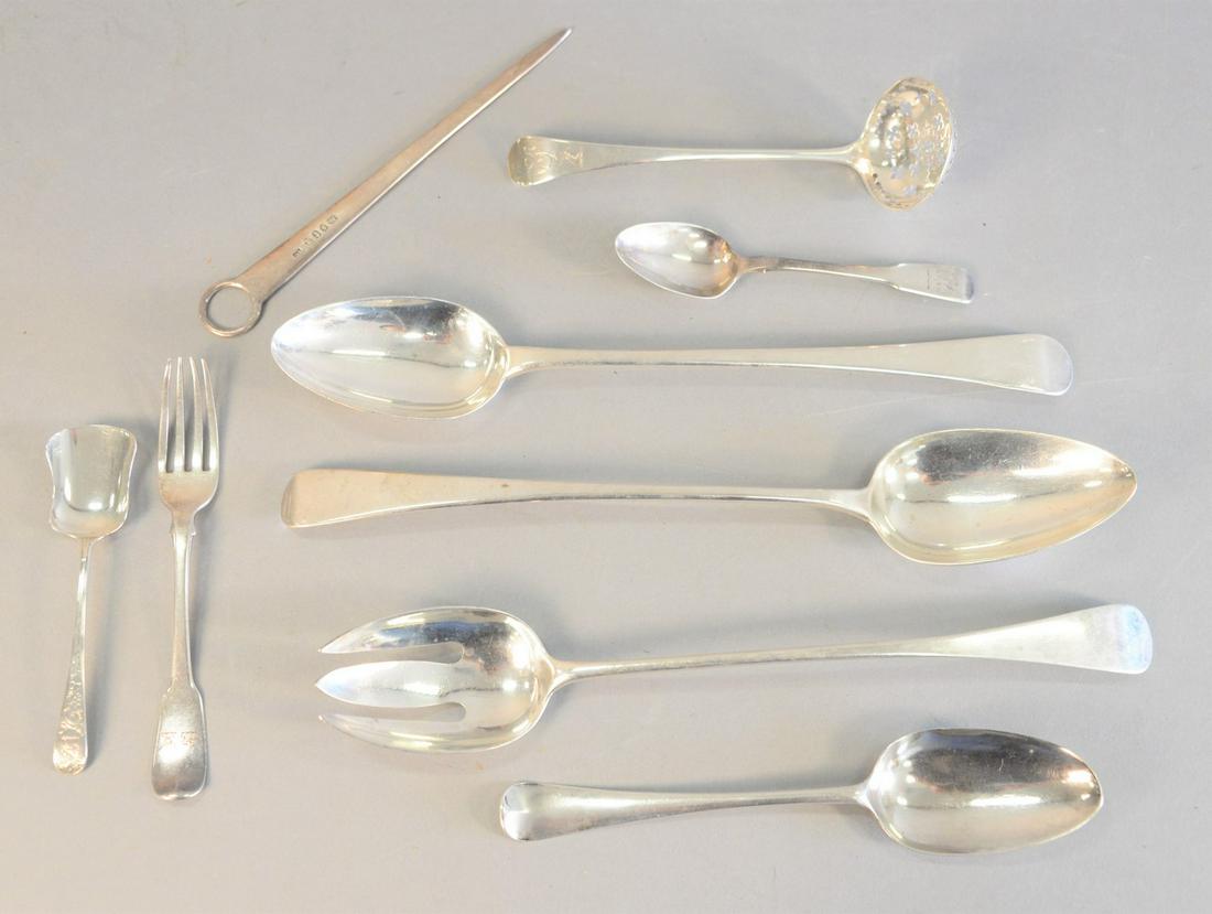 Nine piece silver lot of early English or Irish: Nine piece silver lot of early English or Irish stuffing spoons, fork, skewer and ladle, 15 t.oz.