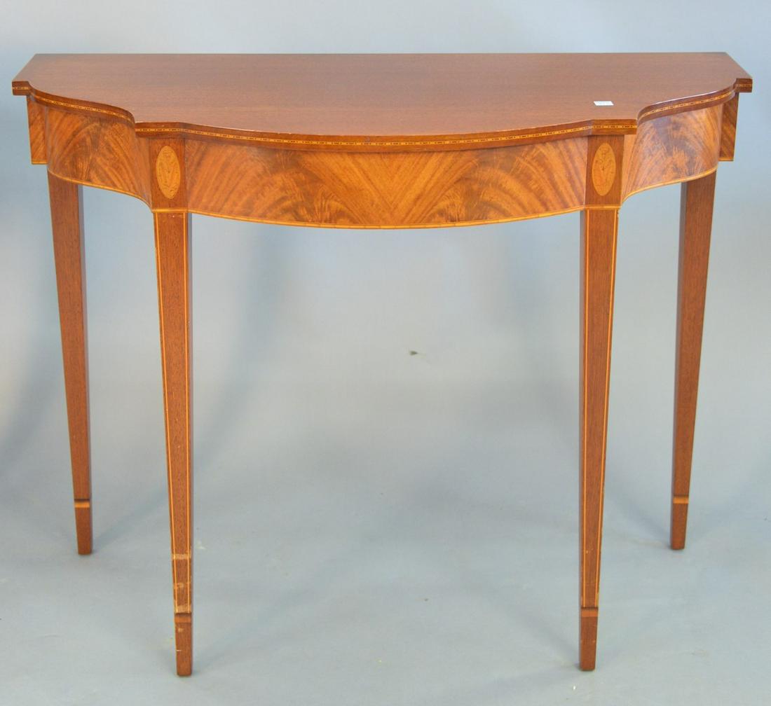 Margolis Hepplewhite style mahogany inlaid console: Margolis Hepplewhite style mahogany inlaid console table, ht. 29", top 15" x 36".