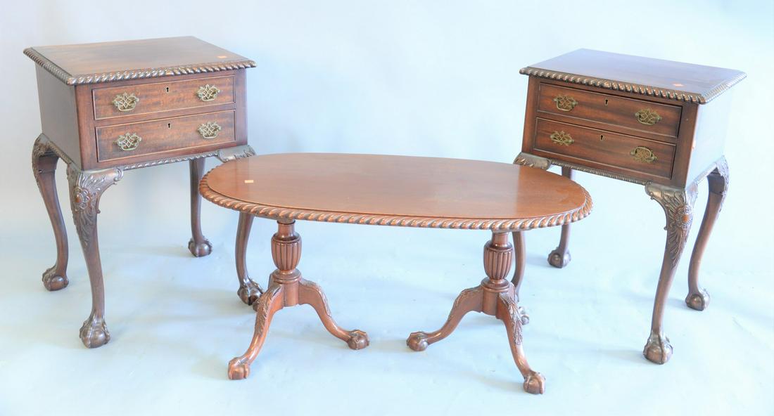 Potthast four piece mahogany set, oval coffee table: Potthast four piece mahogany set, oval coffee table with carved rope edge on ball and claw feet along with a pair of two drawer end tables on ball and claw feet, along with Potthast mahogany inlaid dr